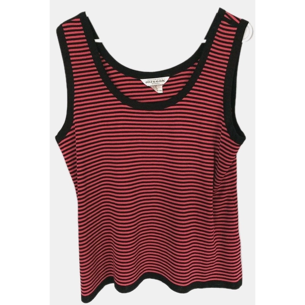 Misook Tank Top Women 1X Coral-Pink/Blk Stripe Scoop Neck Sleeveless Knit Basic